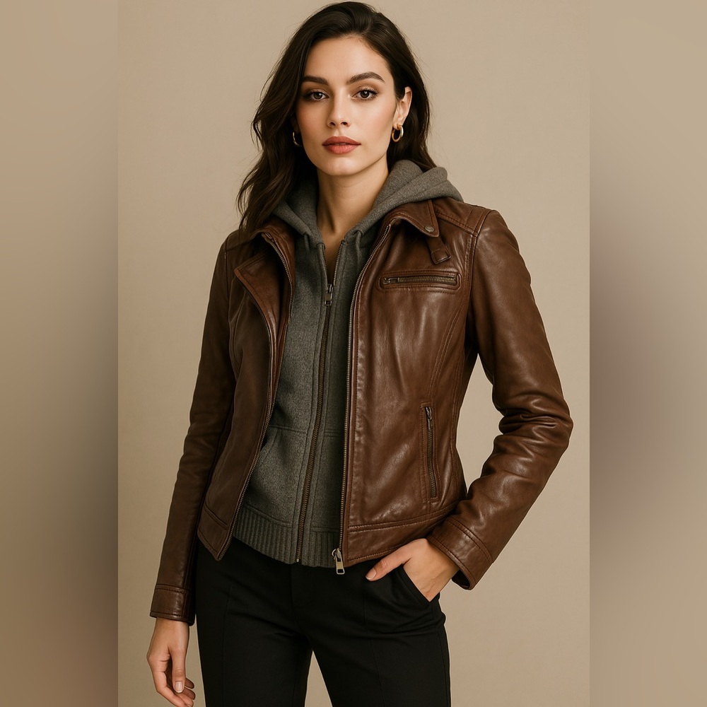 Bod & Christensen Brown Leather Bomber Jacket with Hood